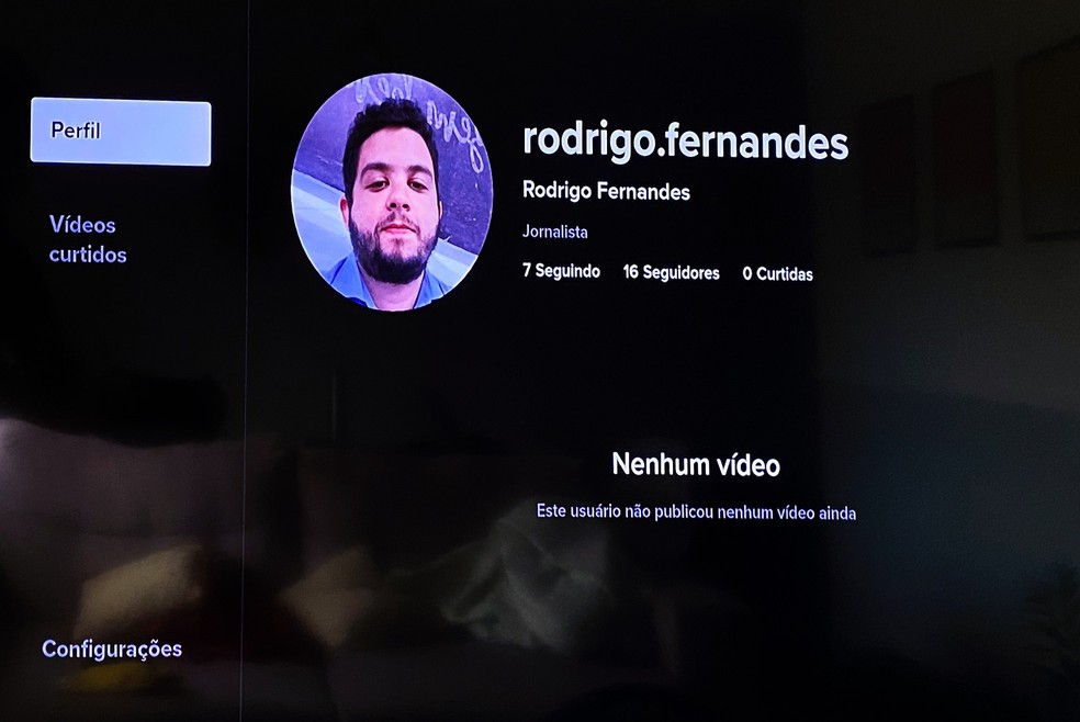 TIkTok permite acessar o próprio perfil pelo app para smart TV Samsung — Foto: Reprodução/Rodrigo Fernandes