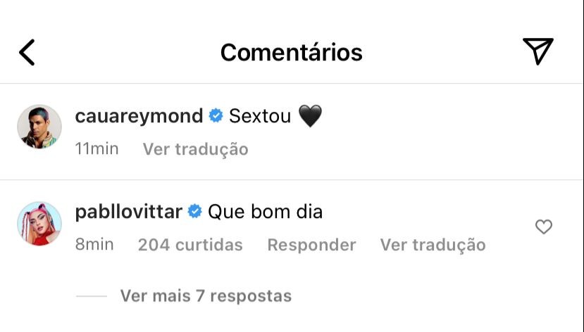 Comentário de Pabllo Vittar em foto de Cauã Reymond (Foto: Reprodução/Instagram)