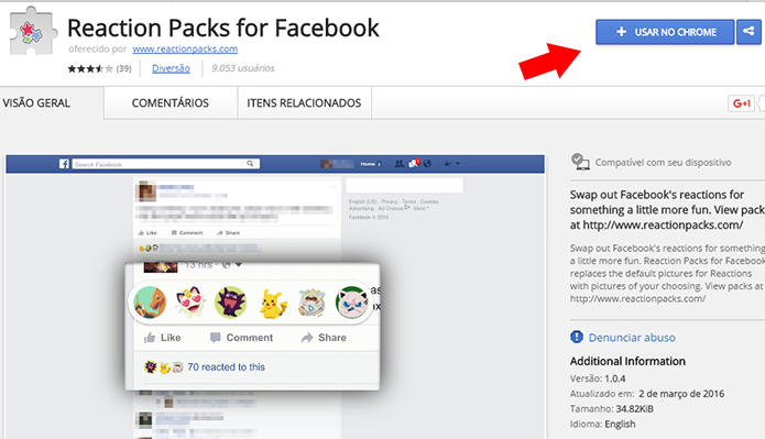 Instale a extensão Reaction Packs for Facebook no Chrome (Foto: Reprodução/Paulo Alves)