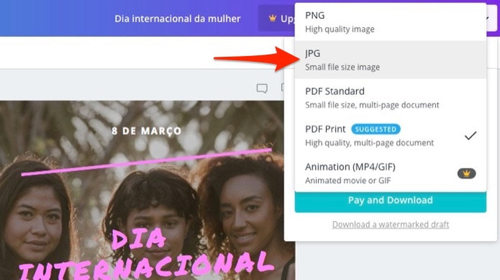 Ação para escolher a opção para salvar um cartaz em JPEG no Canva — Foto: Reprodução/Marvin Costa