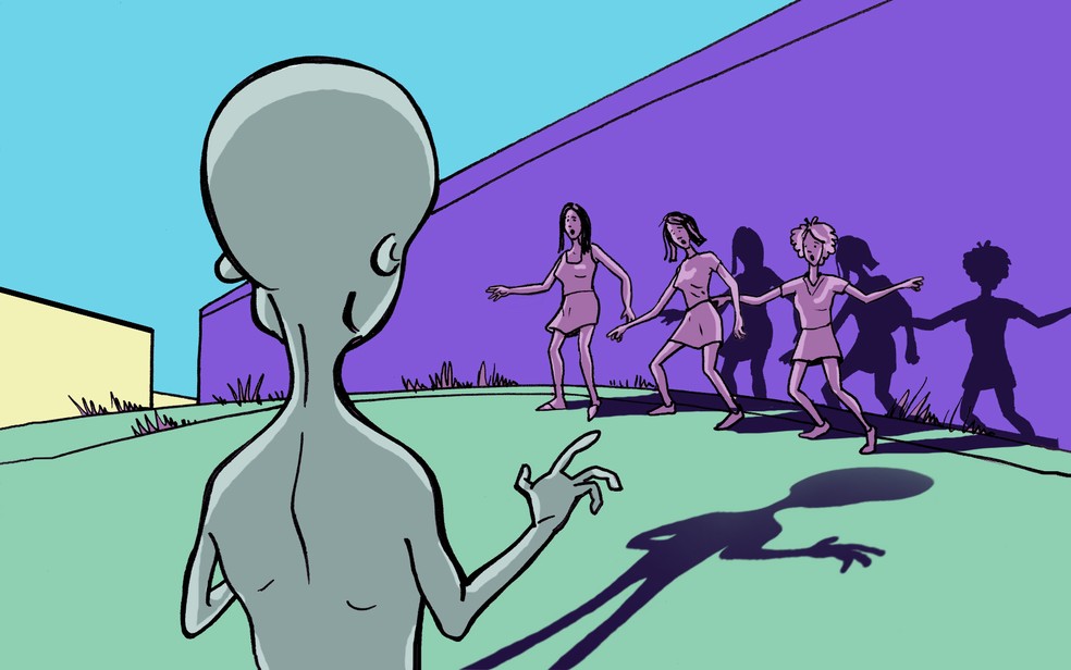 Animação mostra o que seria o espanto do ET ao ver as meninas no terreno baldio — Foto: Renato Munhoz