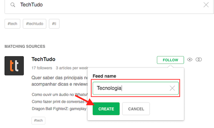 Elabore um novo feed de notícias no serviço Feedly (Foto: Reprodução/Marvin Costa) Elabore um novo feed de notícias no serviço Feedly (Foto: Reprodução/Marvin Costa)