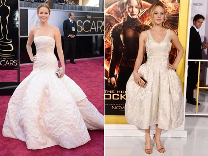 Além de ser queridinha de Hollywood, Jennifer Lawrence é referência na moda. Embaixadora da Dior, ela adora looks com volume na parte inferior que parecem ter saído de um conto de fadas. O da esquerda ela usou no Oscar de 2013, quando ganhou o prêmio
