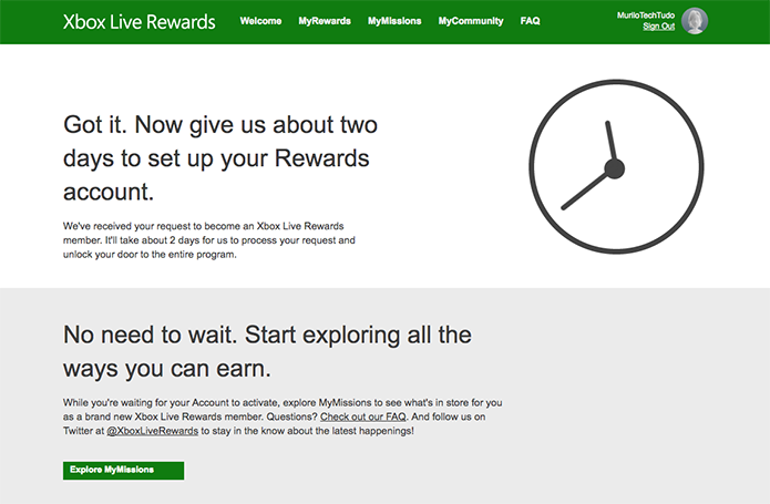 Sua inscrição no Xbox Live Rewards será aprovada em alguns momentos (Foto: Reprodução/Murilo Molina)