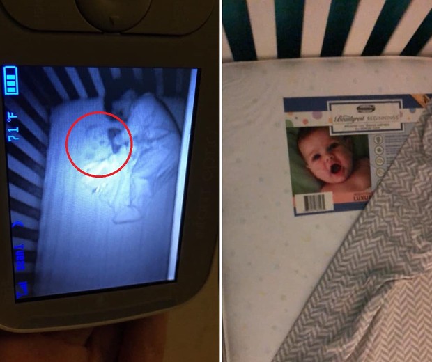 Bebê fantasma era, na verdade, a etiqueta do colchão (Foto: Reprodução Facebook)