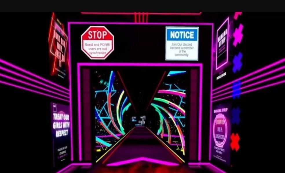 A entrada de um clube virtual de strip-tease em um app no metaverso — Foto: Reprodução/BBC