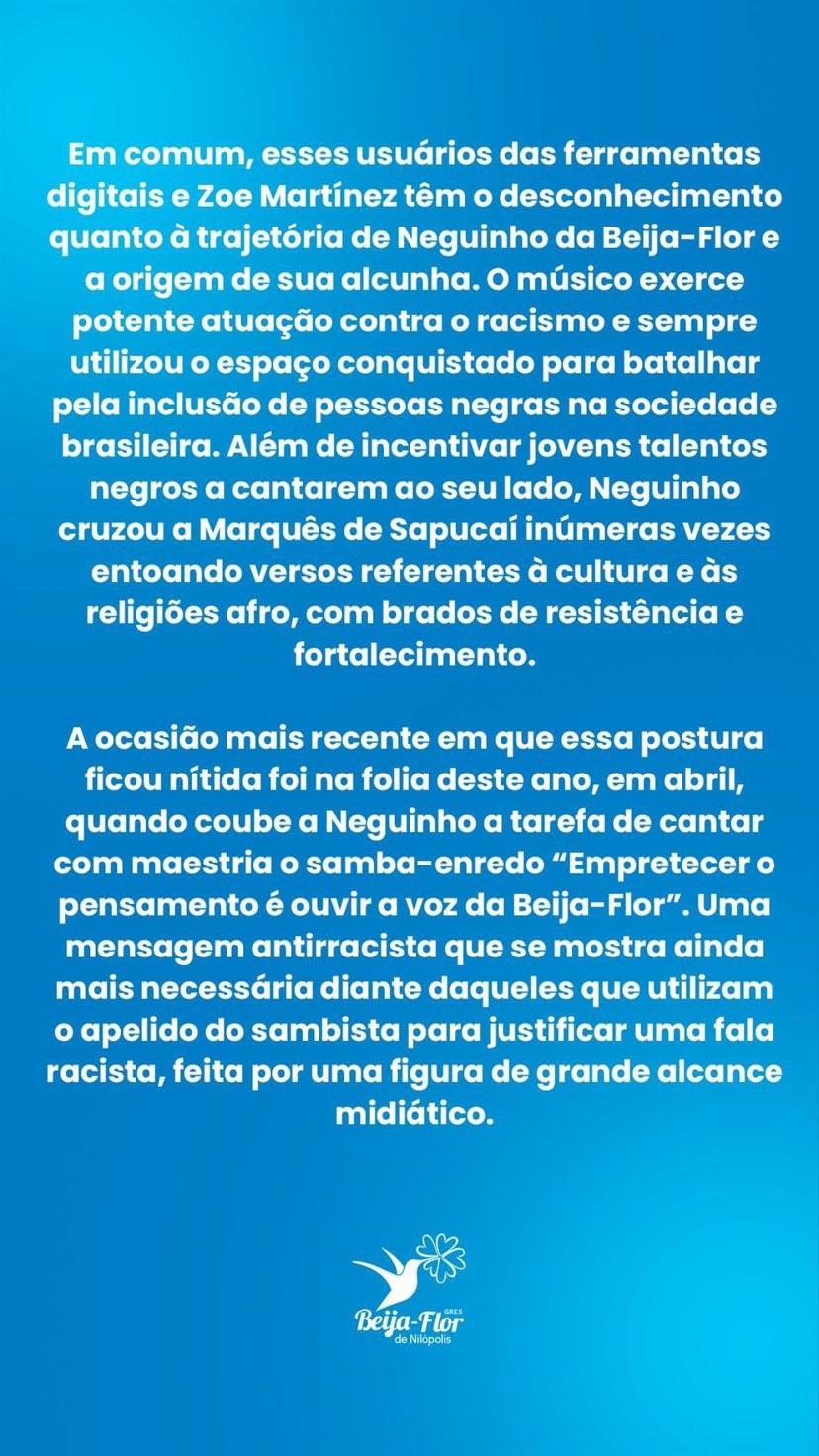 Beija-Flor faz carta aberta em defesa de Neguinho e contra o racismo (Foto: Reprodução Twitter)