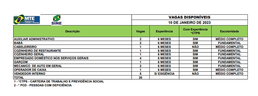 Sine oferece 20 vagas de emprego nesta terça-feira (10) — Foto: Reprodução/Sine Acre