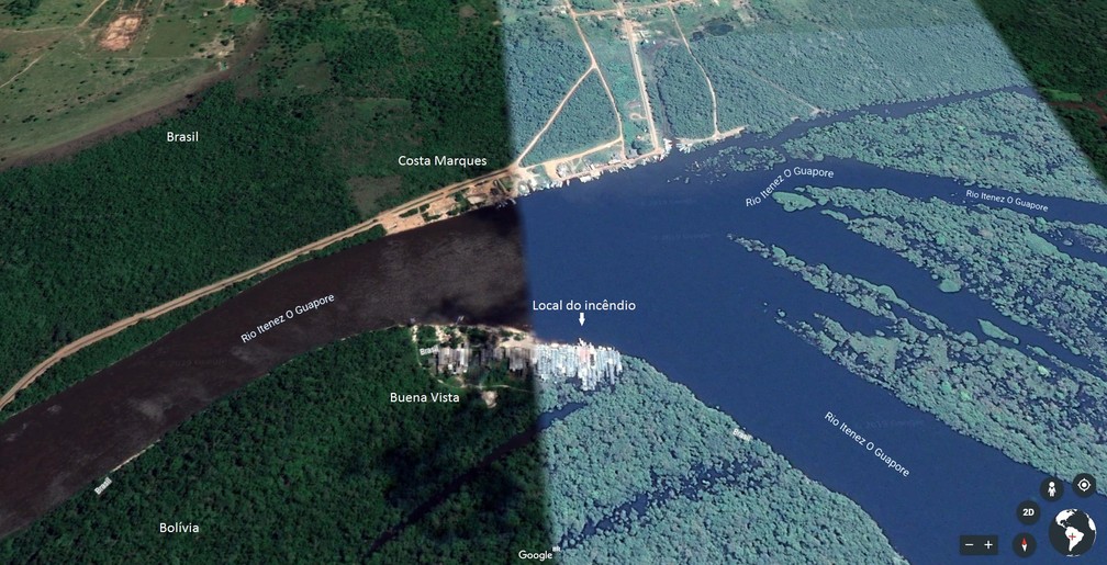 Mapa mostra área onde ocorreu o incêndio que destruiu comércio e casas na segunda-feira, 24.  — Foto: Google Earth/Reprodução