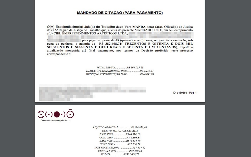 Mandado de citação de pagamento foi de mais de R$ 380 mil (Foto: Reprodução/ )