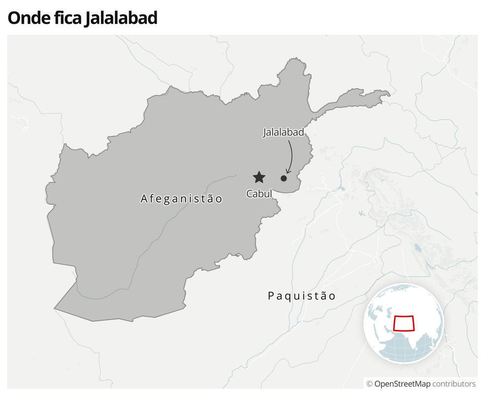 Mapa mostra a localização de Jalalabad, no Afeganistão — Foto:  G1