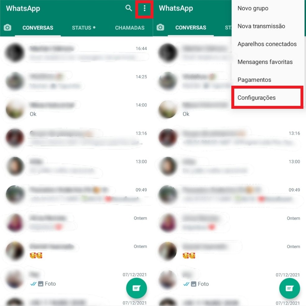 Na página inicial do WhatsApp, toque sobre as reticências e acesse as configurações do app  — Foto: Reprodução/Clara Fabro