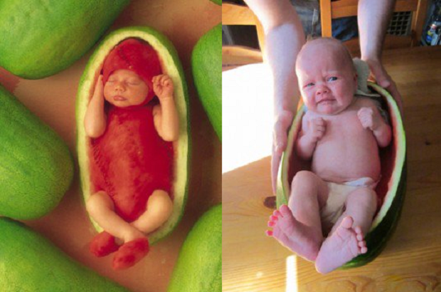 O que essa comparação nos mostra é que não basta uma ideia para uma boa foto. Esses pais resolveram clicar o filho dentro de uma melancia, mas o resultado não foi assim tão doce (Foto: Pinterest) (Foto: Pinterest)