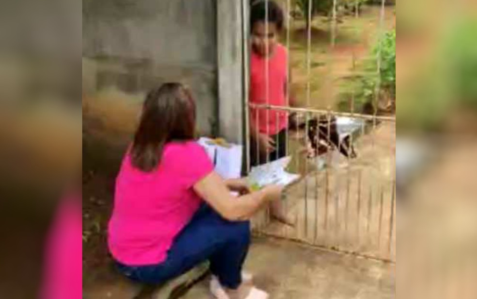 Professora visita aluno durante quarentena para ler histórias pelo portão, em Itapuranga — Foto: Reprodução/ TV Anhanguera
