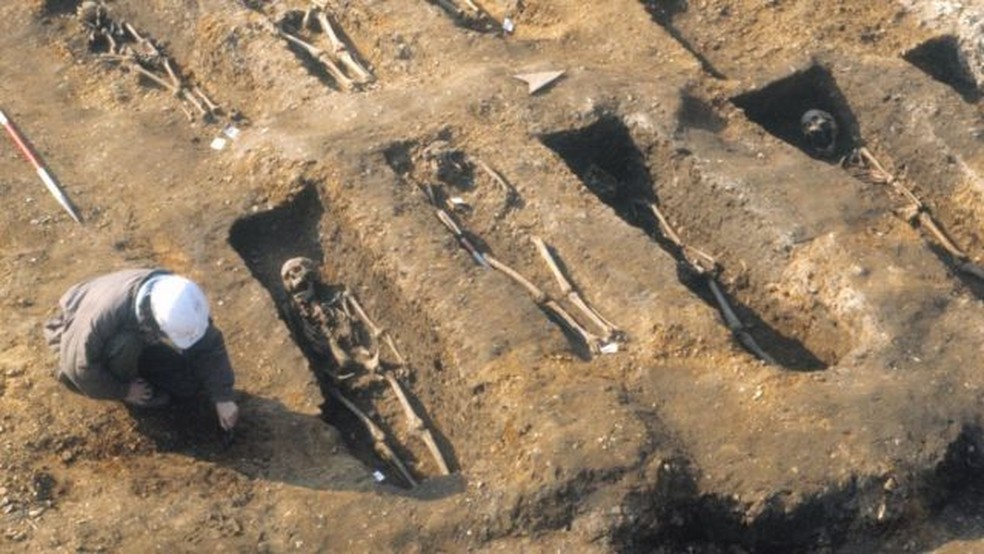 Restos mortais das covas para vítimas da peste em Londres foram usados ​​na análise genética — Foto: MUSEUM OF LONDON/BBC