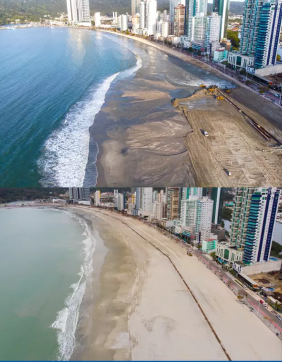 Imagens mostram início do alargamento e conclusão da obra em trecho da Praia Grande — Foto: Secom Balneário Camboriú/Divulgação
