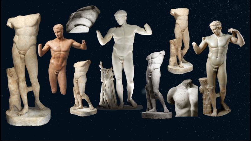 BBC Reconstruções da estátua de Diadoúmenos em que podem ser vistas as colunas de suporte (Foto: L. GOULIAMAKI/AFP VIA GETTY IMAGES, MET MUSEUM via BBC)