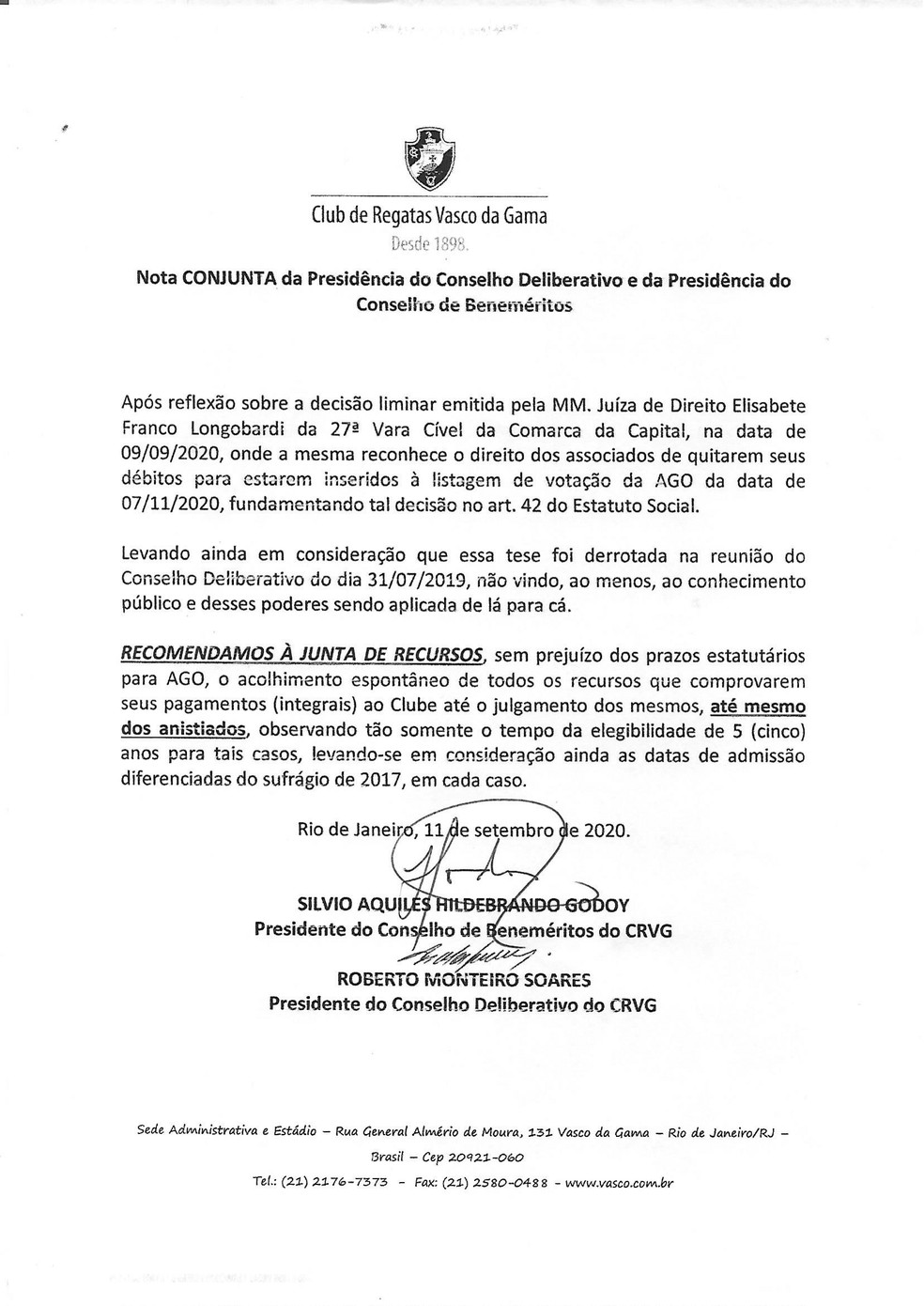 No último dia 11, Silvio Godoy e Roberto Monteiro recomendaram à Junta Recursal do Vasco acolhimento de recursos de anistiados — Foto: Reprodução