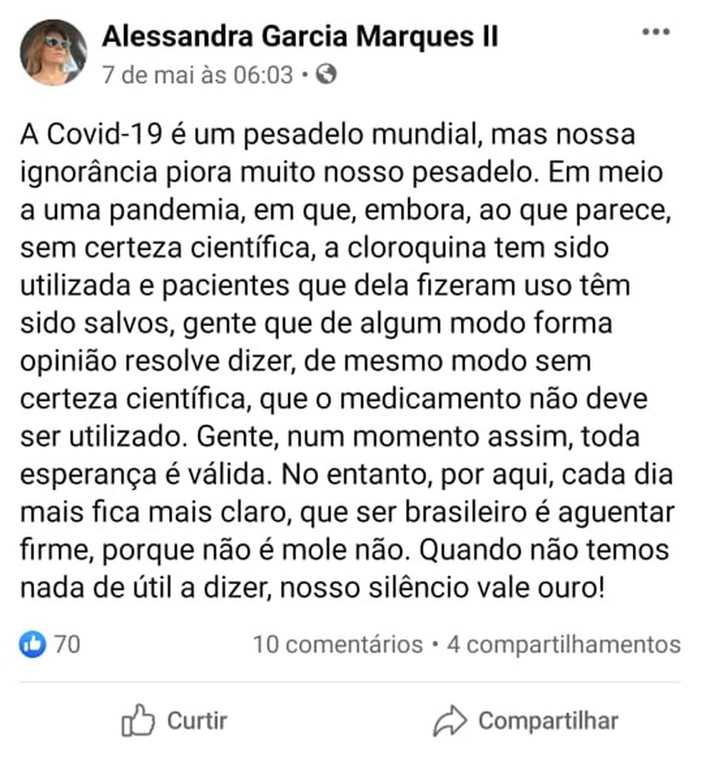 Em uma das postagens, promotora teria sugerido uso de medicação contra Covid-19 — Foto: Reprodução/Facebook