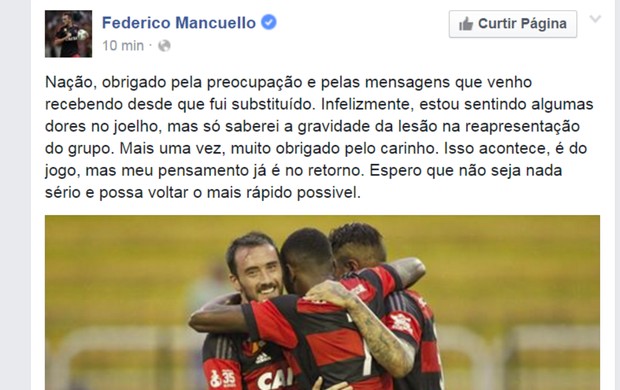 Nas redes sociais, Mancuello agradece carinho da torcida após lesão