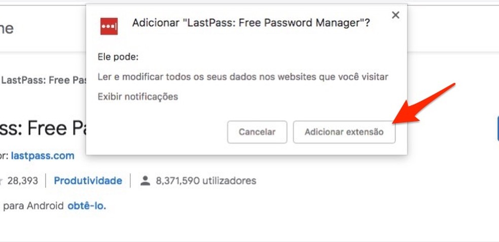Ação para baixar e instalar a extensão do gerenciador de senhas LastPass no Chrome — Foto: Reprodução/Marvin Costa