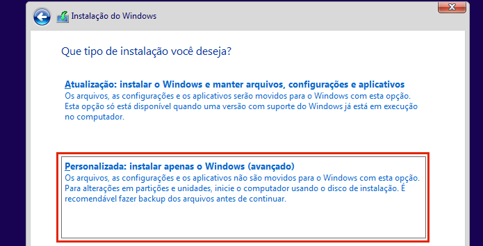 Selecionando o tipo de instalação do Windows (Foto: Reprodução/Edivaldo Brito)