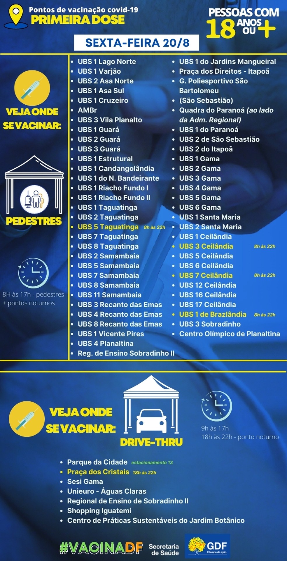 Postos de vacinação contra a Covid-19 nesta sexta-feira (20), para primeira dose. — Foto: SES-DF/Reprodução
