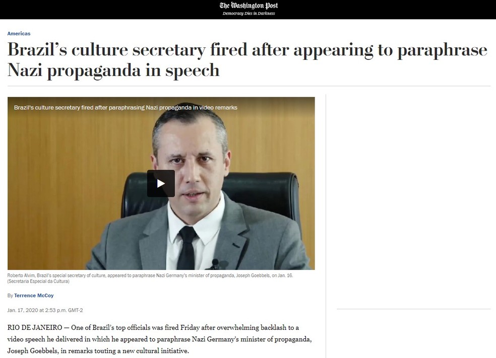 Imagem de texto do "Washington Post" sobre Roberto Alvim — Foto: Reprodução