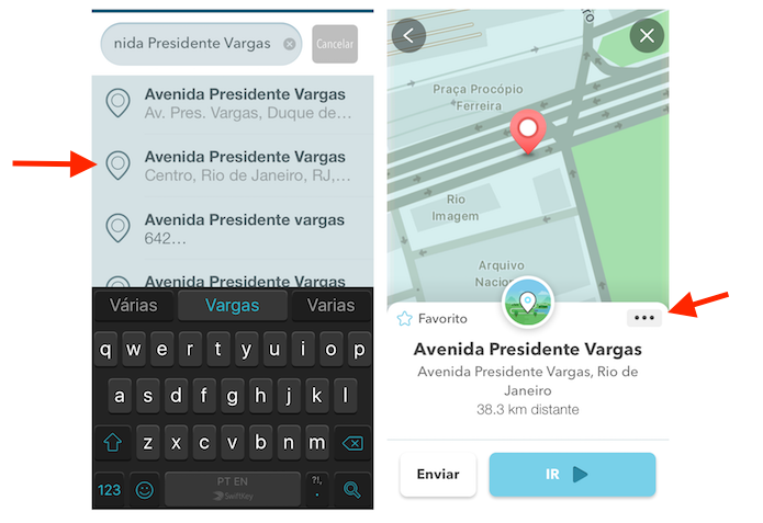 Pesquisando um endereço e acessando as ações disponíveis no Waze para iPhone (Foto: Reprodução/Marvin Costa)