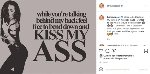 O post da cantora Britney Spears rebatendo os ataques e questionamentos à foto dela nua sem a presença da tatuagem em seu pescoço (Foto: Instagram)