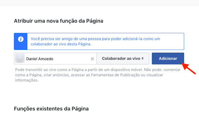 Opção para adicionar um usuário do Facebook como colaborador ao vivo de uma página (Foto: Reprodução/Marvin Costa)