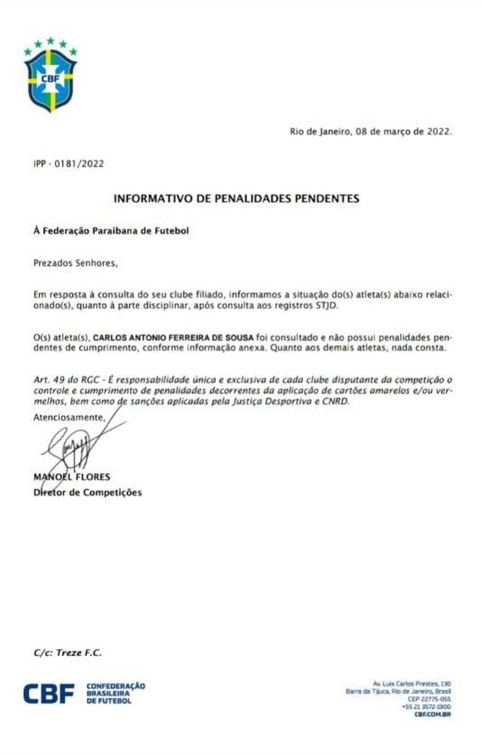 Documento da CBF sobre a situação de Carlão — Foto: Reprodução / CBF