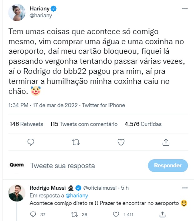 Ex-BBB Hariany Almeida passa por perrengue e é salva por Rodrigo Mussi, do BBB22 (Foto: Reprodução/Twitter)