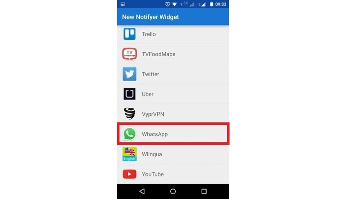 Tela New Notifyer Widget, com destaque em ícone do WhatsApp (Foto: Reprodução/Raquel Freire)