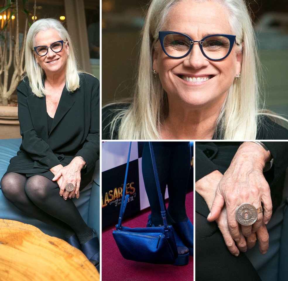Vera Holtz apostou no pretinho estiloso. Usando um maxiblazer, a atriz arrematou look com meia-calça, sandálias flatform e acessórios modernos (Foto: Isabella Pinheiro (foto) e Daniel Chevrand (arte) / Gshow)