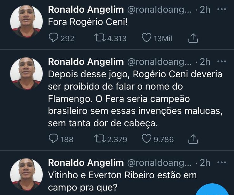 Angelim desabafou no Twitter contra o técnico Rogério Ceni — Foto: Reprodução Twitter