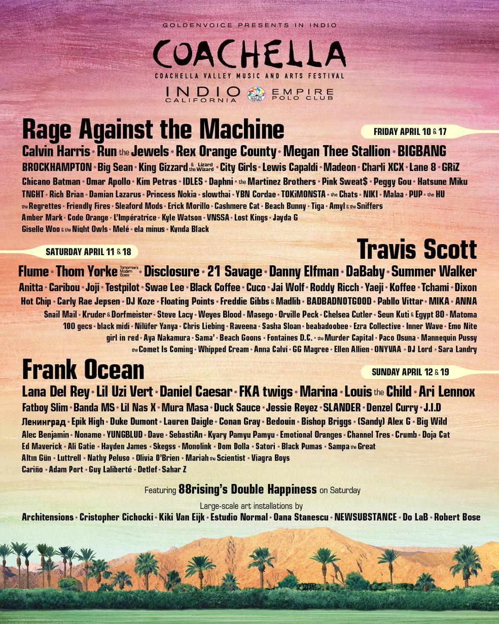 Cartaz do Coachella 2020 mostra que Anitta e Pabllo Vittar estão no lineup do festival — Foto: Reprodução/Twitter/Coachella