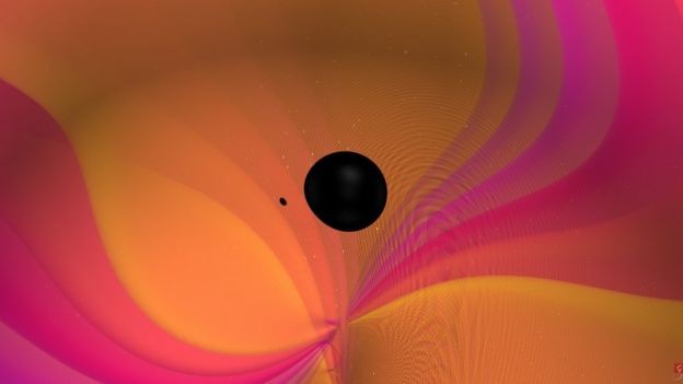 BBC - Uma visualização científica da fusão de objetos em que um deles é 9,2 vezes maior que o outro (Foto: N.FISCHER AND COLLEAGUES via BBC)