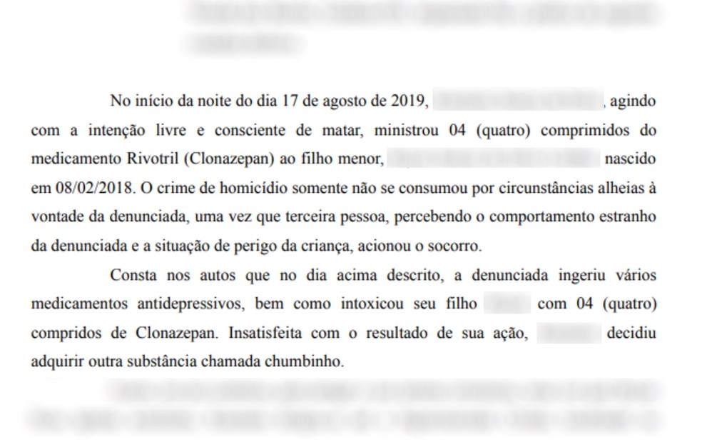 Denúncia do MP contra jovem acusada de tentar matar o filho com veneno de rato em Goiânia, Goiás — Foto: Reprodução/PM-GO