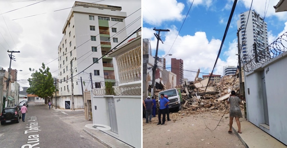 Antes e depois do prédio de 7 andares desabado em Fortaleza — Foto: Cinthia Freitas/G1 Ceará; Reprodução/Google Street View