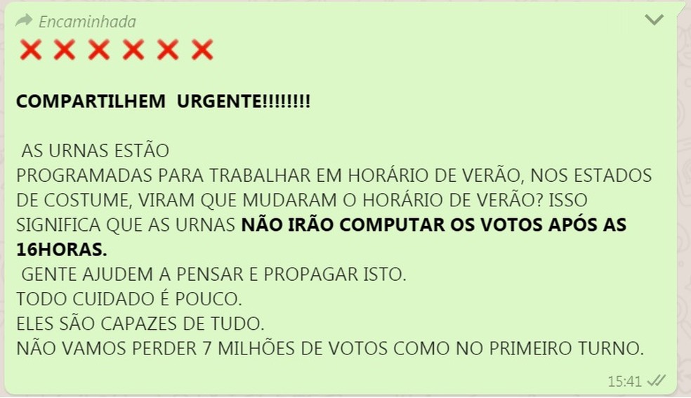 Mensagem falsa que circula no WhatsApp diz que urnas programadas para horário de verão só computarão votos após as 16h — Foto: G1
