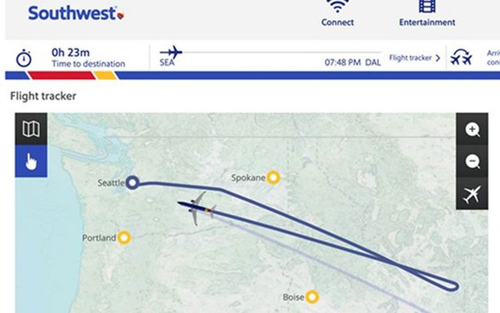Rota do voo 3606 da Southwest Air em aplicativo usado por passageiro no dia do voo â€” Foto: ReproduÃ§Ã£o/Andrew Gottschalk 