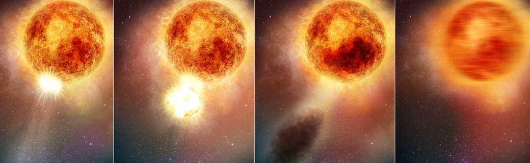 Mudanças no brilho da estrela supergigante vermelha Betelgeuse, após a ejeção de massa titânica de um grande pedaço de sua superfície (Foto: NASA, ESA, Elizabeth Wheatley (STScI))