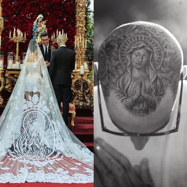 O véu de noiva usado por Kourtney Kardashian em sua cerimônia de casamento na Itália inclui uma homenagem à tatuagem na cabeça do marido Travis Barker (Foto: Reprodução/ @complex)