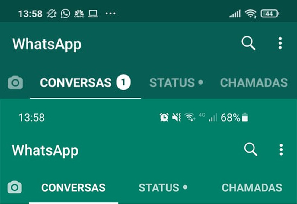 Acima, o tom de verde tradicional do WhatsApp no Android. Abaixo, a tonalidade que está sendo testada — Foto: Reprodução/G1