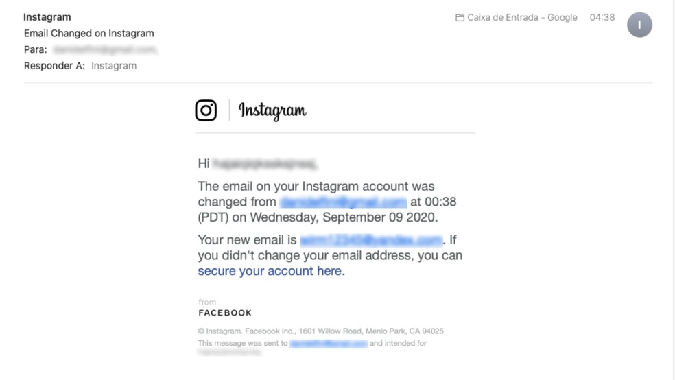 Fique atento a e-mails de alteração de cadastro no Instagram — Foto: Reprodução