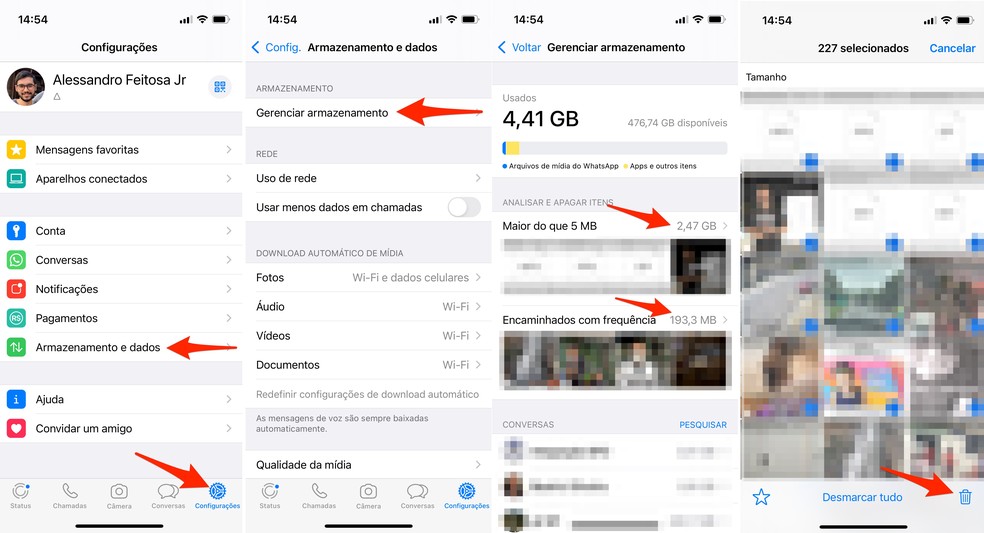 Passo a passo para apagar as mídias pesadas do WhatsApp no iPhone — Foto: Reprodução/g1