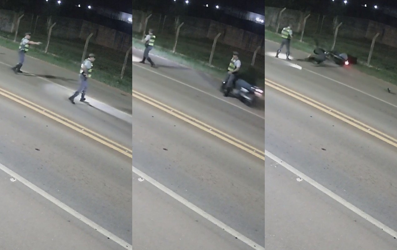 Motociclista tenta fugir de abordagem, atropela policial e acaba preso no interior de SP; vídeo