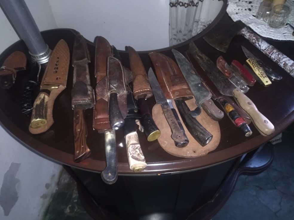 Além de armas de fogo, 15 facas, quatro canivetes, duas machadinhas foram encontrados — Foto: Polícia Ambiental/Divulgação