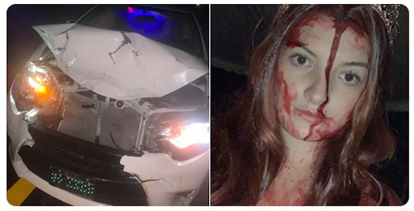 A mulher que sofreu um acidente de carro enquanto fantasiada como a protagonista de Carrie, A Estranha  (Foto: Twitter)